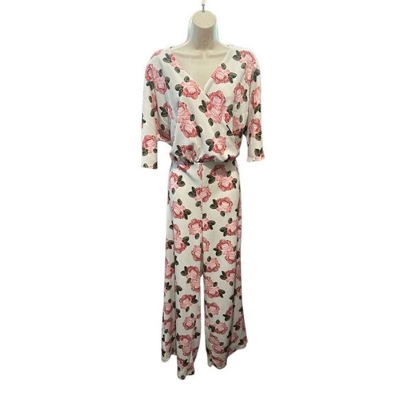 Charlotte Russe Womens White Wide Leg Floral Jumpsuit V Neck Stretch New Size L - Picture 1 of 14